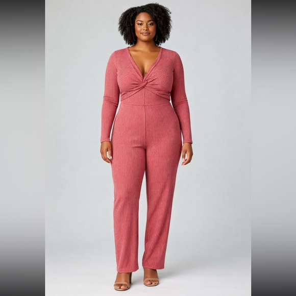 Fashion Nova Pants - Fashion Nova Rose Red Ribbed Twist-Front Long Sleeve Jumpsuit | XL NWT